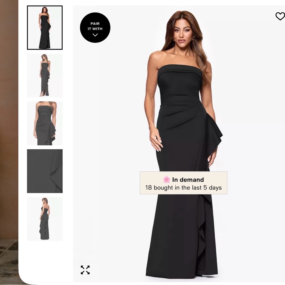 Xscape Strapless Black Evening Gown with Side Drape